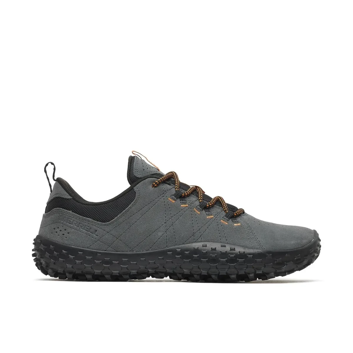 Merrell Wrapt de hombre en gris con cordones marrones, vista lateral