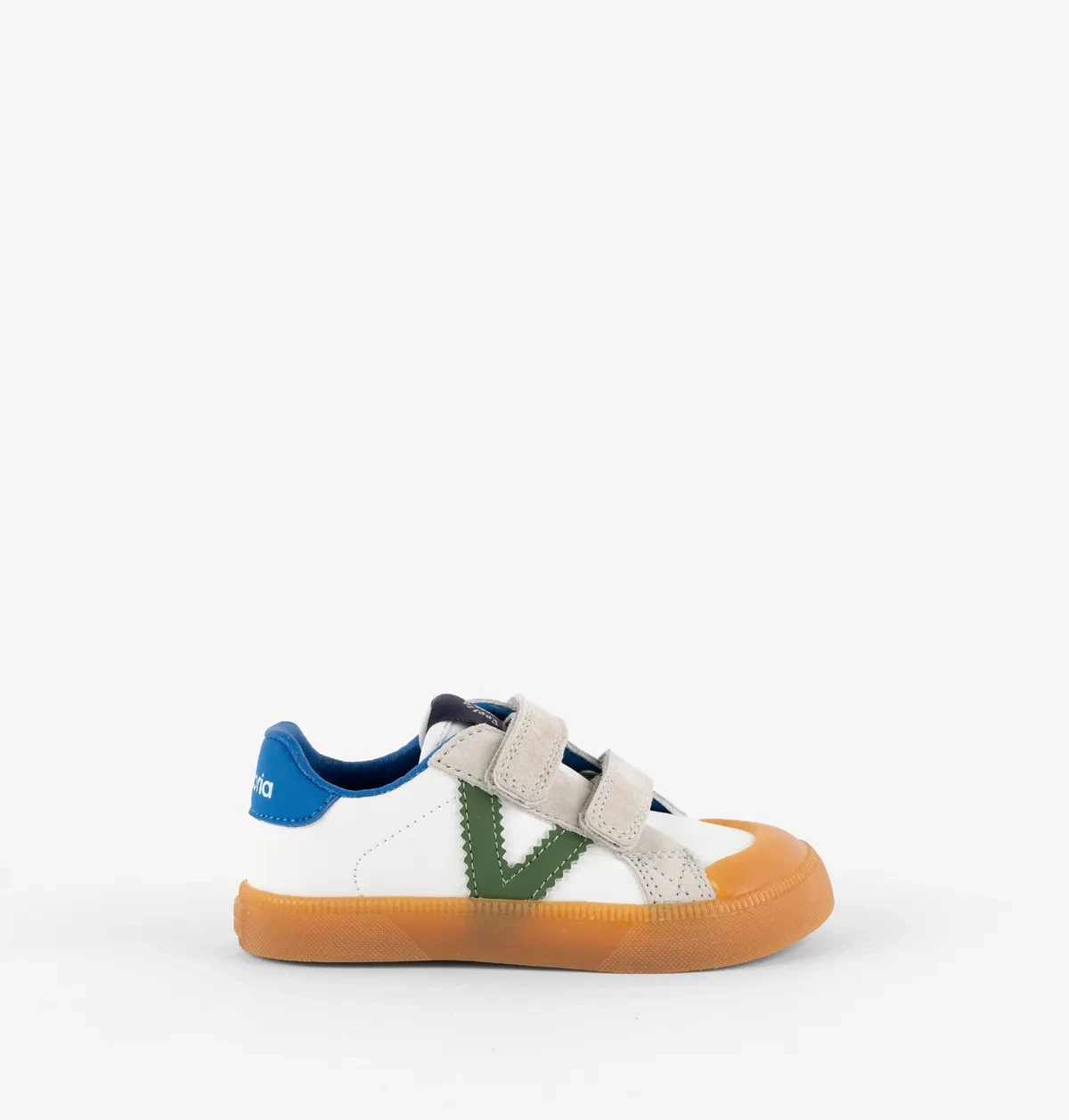 Victoria Oliver Barefoot infantil en blanco con detalles verdes y azules y velcro, vista lateral